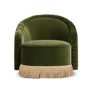 Jennifer Taylor Home Serena 31.5" Ruched Barrel Back Accent Arm Chair with Bullion Fringe, Olive Green Performance Velvet - 1 of 4