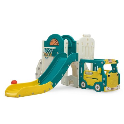 Infurnic Baby Activity Gyms 9-in-1 Kids Slide Playset, Bus-Themed Freestanding Castle, PE and PP Materials, Multicolored, 37.21"*14.18"*21.26"