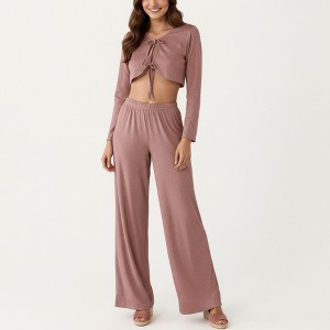 Anna-Kaci Lounge Women's Long Sleeve Pajama Set with Tie Front Cropped Top and Relaxed Fit High Waist Full-Length Lounge Pants - 1 of 4