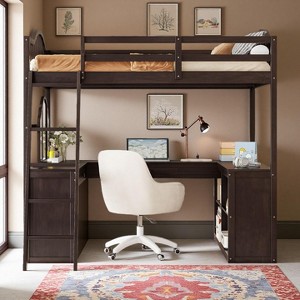 Polibi Full Size Wood Loft Bed with Built-In U-Shaped Desk, Vanity Mirror Station & Storage Shelves - 1 of 4