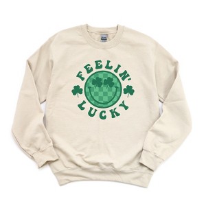 Simply Sage Market Women's Graphic Sweatshirt Feeling Lucky Checkered Smiley Face - 1 of 3