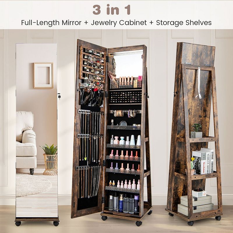 Tangkula 64" Jewelry Organizer Lockable Jewelry Cabinet Armoire w/ Mirror & LED Lights, 5 of 11