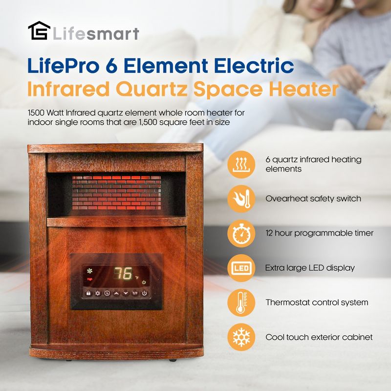 LifeSmart LifePro 1500 Watt Portable Electric Infrared Quartz Space Heater for Indoor Use with 6 Heating Elements, Wheels, and Remote, Brown Oak Wood, 2 of 7