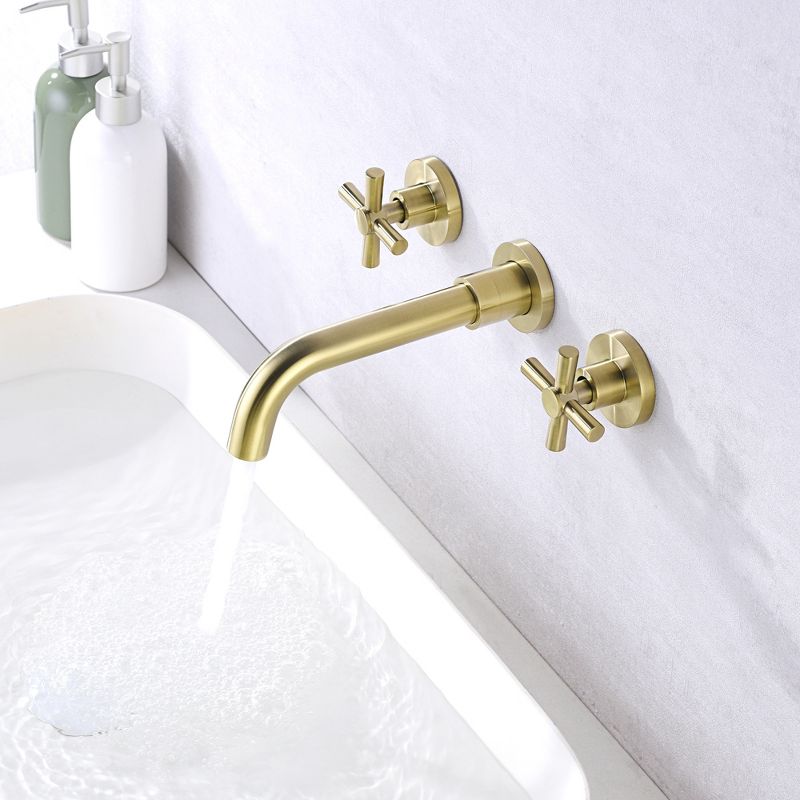 SUMERAIN Wall Mount Bathroom Faucet Two Cross Handles with Brass Rough-in Valve, Brushed Gold, 3 of 8