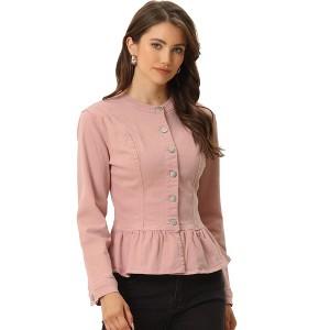 INSPIRE CHIC Women's Peplum Collarless Round Neck Button Down Cropped Ruffle Hem Denim Jackets - 1 of 4