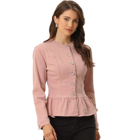 Unique Bargains Women's Button Down Collarless Long Sleeve Cropped Denim  Jacket 
