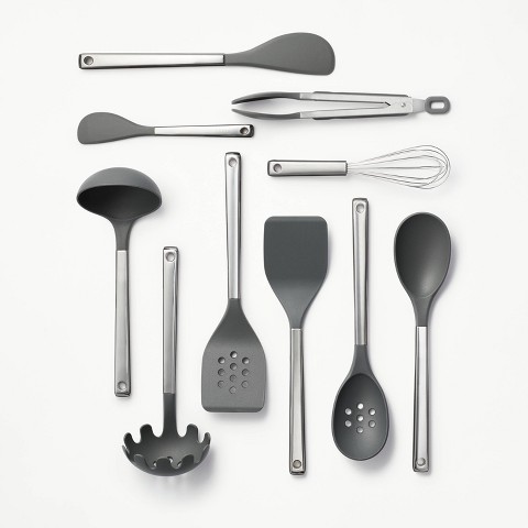 Figmint 10pc Stainless Steel/Nylon Kitchen Utensil Set Dark Gray - Figmint™: Dishwasher-Safe Cooking Tools for Adults