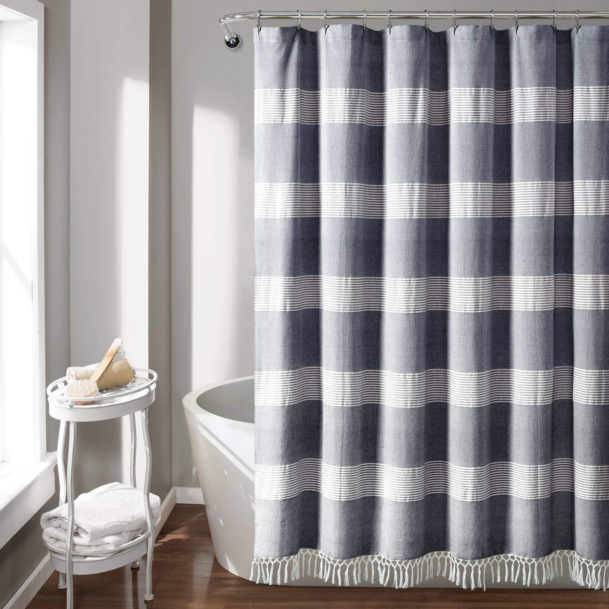 Tucker Stripe Yarn Dyed Cotton Knotted Tassel Shower Curtain Navy/White - Lush Décor: Bathroom Accessory, Buttonhole Top