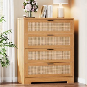 Zstar Modern Tall Rattan 4 Drawer Dresser or Living Room, Hallway, Entryway, Bedroom - 1 of 4