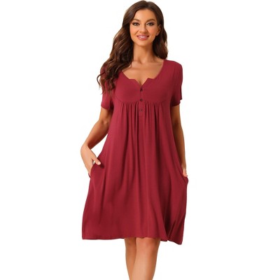 Cheibear Women's Sleepwear Soft Button With Pockets Short Sleeve Lounge  Nightgown Wine Red X-large : Target