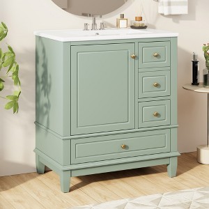 30" Bathroom Vanity with Ceramic Sink and One-Door Shelf, Water-Resistant Wood One Cabinet Vanities w/ 3 Drawers & Soft Close Door - 1 of 4