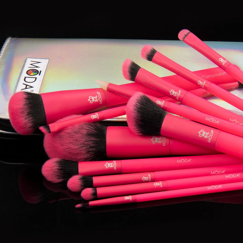 MODA Brush Totally Electric Neon Pink Full Face 13pc Makeup Brush Kit, Includes Complexion, Highlight & Glow, and Crease Makeup Brushes, 5 of 12