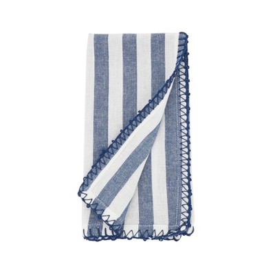 Navy and White Striped Cotton Napkins with Pompom Border, Set of 4