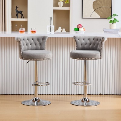 Set of 2 Velvet Swivel Bar Stools,Adjustable Counter Stools with Tufted Back,Chrome Base and Nailhead Trim for Kitchen Island-Maison Boucle