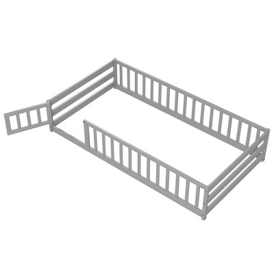 Costway Twin Size Floor Bed with Door & Fence with Safety Guardrails & Slats Support Gray/White/Beige