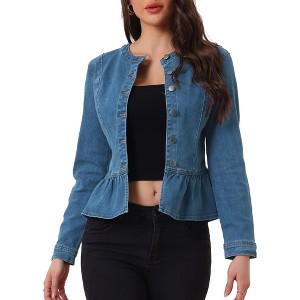 INSPIRE CHIC Women's Peplum Collarless Round Neck Button Down Cropped Ruffle Hem Denim Jackets - 1 of 4