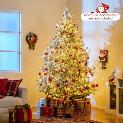 Costway 6/7/8 FT Artificial Christmas Tree with 762/1074/1470 Flocked Branch Tips, 340/450/580 Warm White LED Lights