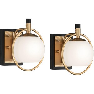Possini Euro Design Carlyn Mid Century Modern Wall Light Sconces Set of 2 Warm Brass Black Hardwire 8" Fixture White Globe Shade for Bedroom Bathroom - 1 of 4