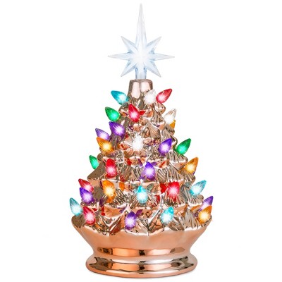 Best Choice Products 9.5in Pre-Lit Hand-Painted Ceramic Tabletop Christmas Tree w/ Lights, 3 Star Toppers - Rose Gold