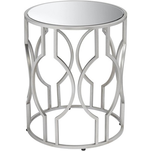 55 Downing Street Modern Glam Metal, Round End Table With Mirror Top