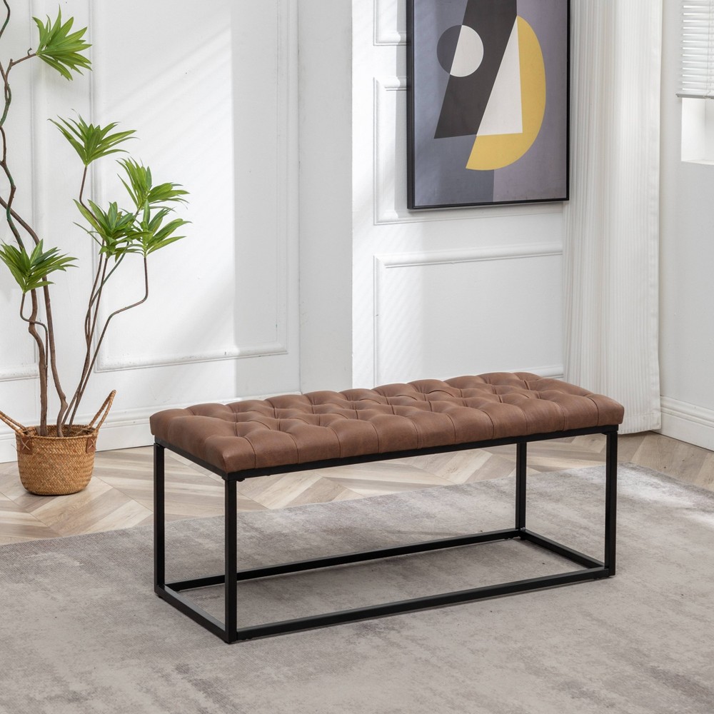 Photos - Pouffe / Bench 42" Rectangle Bench with Black Metal Base Light Brown Faux Leather - WOVEN