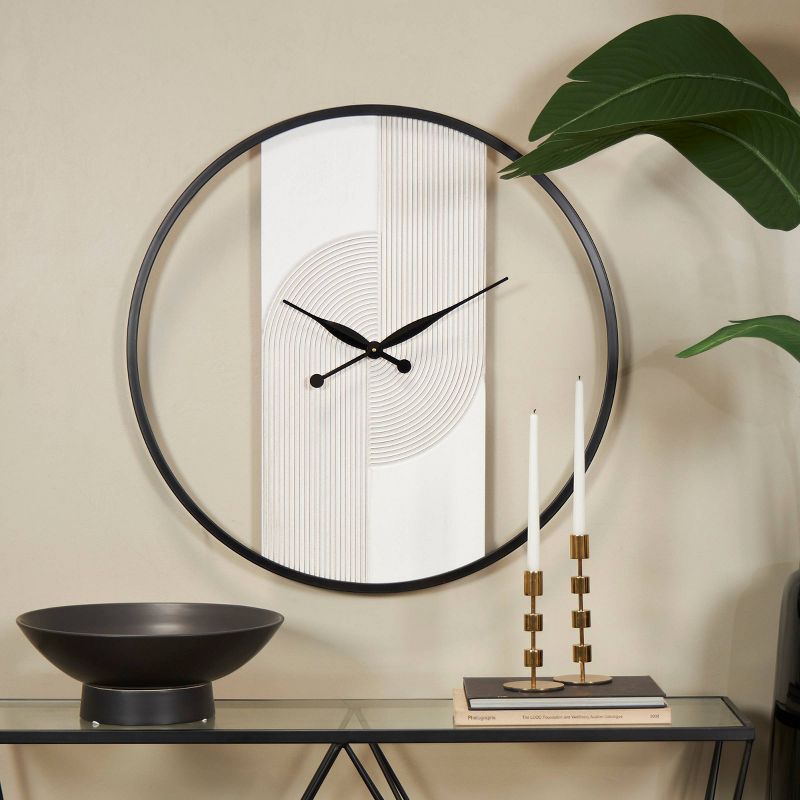31&#34;x30&#34; Wood Geometric Art Deco Inspired Line Art Wall Clock with Black Accents White - Novogratz, 2 of 6