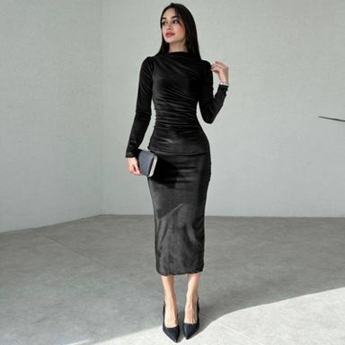 black velvet dress target Women's Elegant Midi Dress Long Sleeve Ruched Bodycon Evening Gown, Black, M : Sleeve