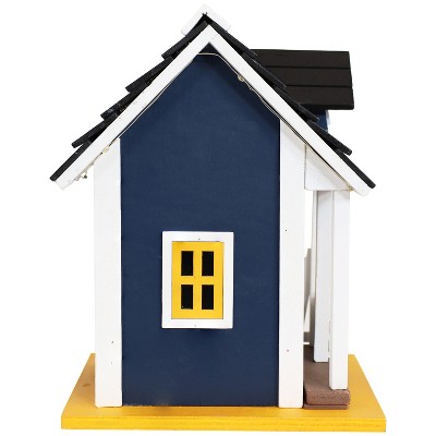 Charming Midnight Blue Pine Plywood Cottage Bird House with Solar Light
