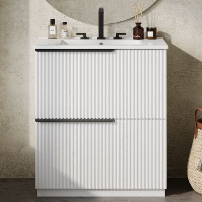 NicBex Modern Fluted Design Freestanding Vanity, Bathroom Vanity with Ceramic Sink, Dual-Tier Split Full-Extension Drawers