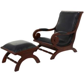 Set of 2 Traditional Teak Accent Chairs with Ottoman Set of 2 Black - Olivia & May