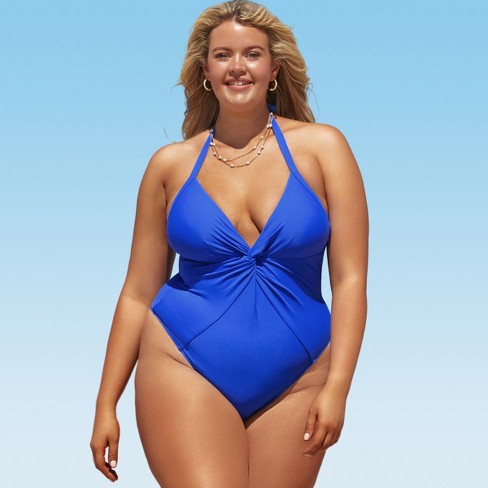 Women's Plus Size Floral Strappy V Neck One Piece Swimsuit - Cupshe-Blue-0X