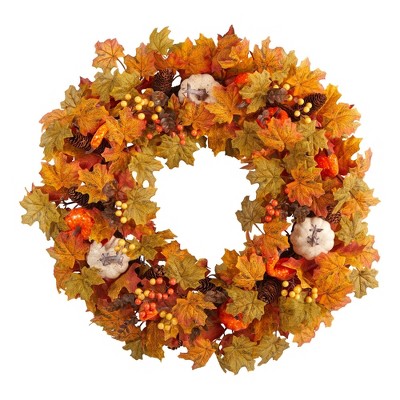 Nearly Natural 30” Autumn Pumpkin and Maple Leaf Artificial Fall Wreath