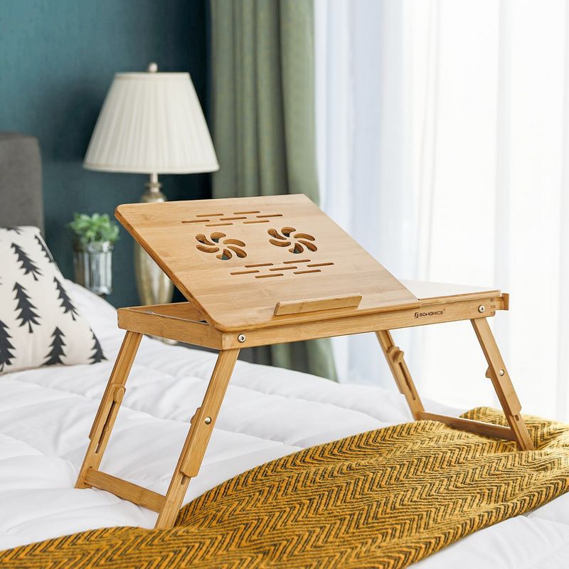 SONGMICS Bamboo Laptop Desk Serving Bed Tray Tilting Top with Drawer Natural, 2 of 13