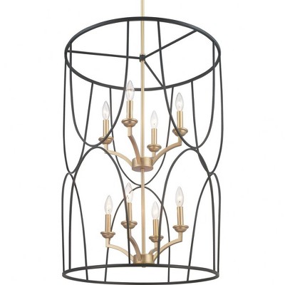 Progress Lighting Landree 8-Light Foyer Fixture, Black, Geometric Cage, Brushed Brass Inner Cluster