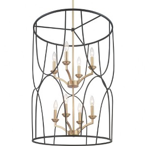Progress Lighting Landree 8-Light Foyer Fixture, Black, Geometric Cage, Brushed Brass Inner Cluster - 1 of 4