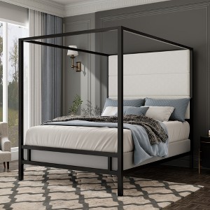 KIGFTSOD Modern Canopy Bed with Tall Velvet Fabric Upholstered Headboard Metal 4-Poster Bed Frame, Box Spring Needed - 1 of 4