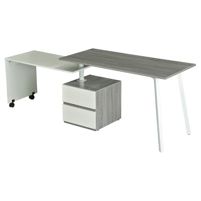 Grey and White Corner Computer Desk with Drawer and Keyboard Tray