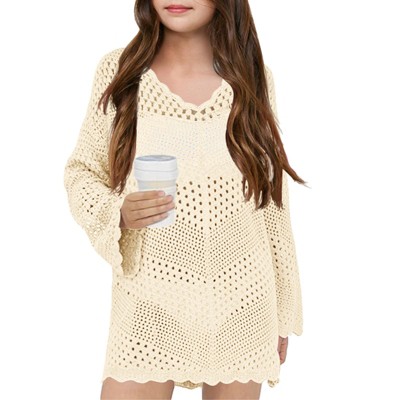 Girl Swimsuit Crochet Swim Cover Up Summer Bathing Suit Swimwear V Neck Mesh Knit Beach Dress