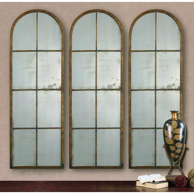 Maple Brown Arched Windowpane Wall Mirror with Antique Glass