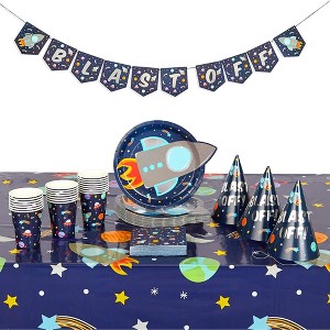 Blue Panda 99-Piece Outer Space Party Pack with Dinnerware, Hats, Banner, Tablecloths (Serves 24) - 1 of 4