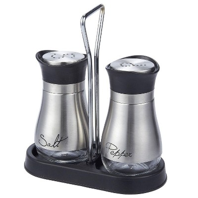 2-Piece 4oz Salt and Pepper Shakers Dispenser with Stand Set, Stainless Steel with Glass Bottom, 4"x6"x2", Silver