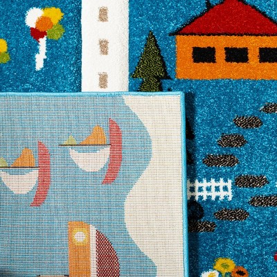 Blue and Beige 9' x 12' Stain-Resistant Kids Rug