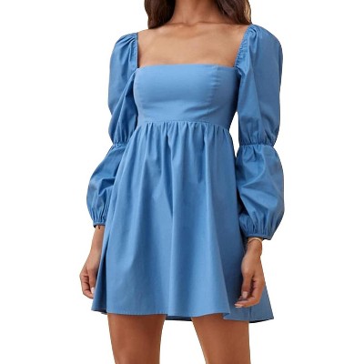EXLURA Womens Square Neck Dress Long Puff Sleeve A-Line Casual Short Mini Dresses