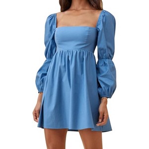 EXLURA Womens Square Neck Dress Long Puff Sleeve A-Line Casual Short Mini Dresses - 1 of 4