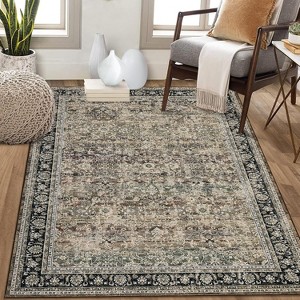 Acekool 5x7 Washable Area Rug, Non-Slip, Ultra Thin Vintage Floral Farmhouse Carpet, Soft Stain Resistant Accent Rug for Living Room, Taupe - 1 of 4