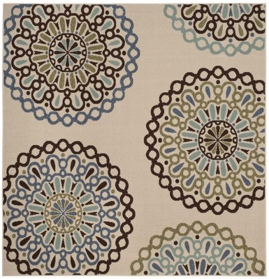 Cream and Blue Geometric Square Indoor/Outdoor Rug