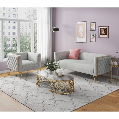 Gray Velvet Sofa and Armchair Set with Brass Frame