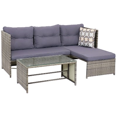 Sunnydaze Outdoor Rattan Longford Patio Conversation Set with Chaise Lounge Sectional Sofa, Seat Cushions, and Coffee Table - Charcoal - 2pc