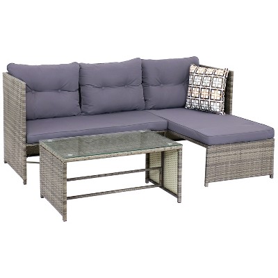 Sunnydaze Outdoor Rattan Longford Patio Conversation Set with Chaise Lounge Sectional Sofa, Seat Cushions, and Coffee Table - Charcoal - 4pc