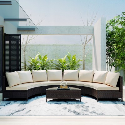 Carrie 5-piece All-weather PE Rattan Patio Sectional Sofas, Half-Moon Sofa Set with Tempered Glass Table, Outdoor Furniture - Maison Boucle